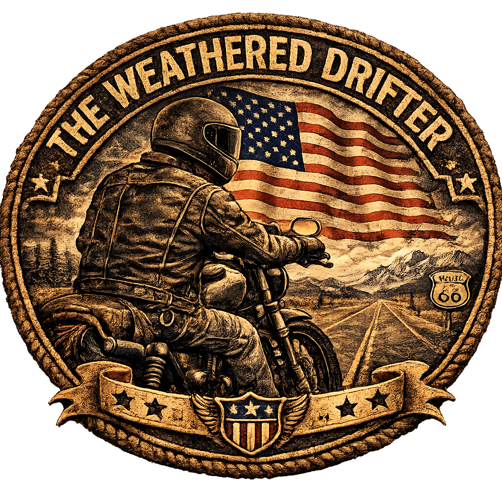 The Weathered Drifter logo — vintage americana biker patch with motorcycle and American flag, part of Hammer, Ash & Chrome