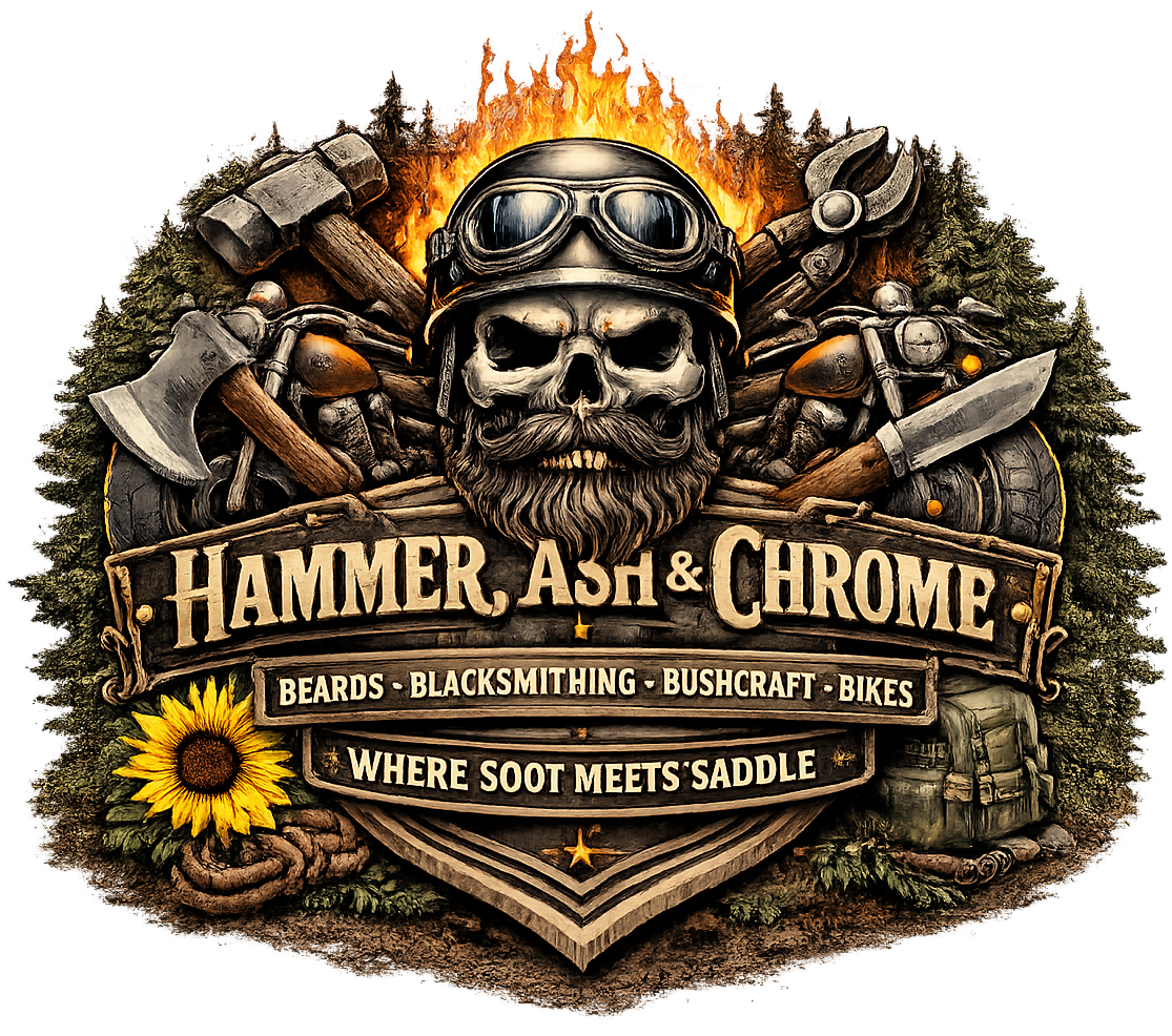 Hammer, Ash & Chrome logo — beards, blacksmithing, bushcraft, bikes. Where Soot Meets Saddle.
